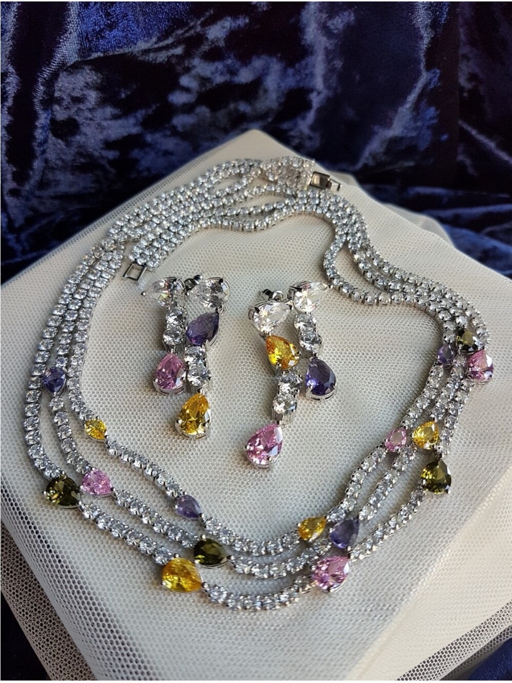 Swarovski Elements Teardrop Pink Purple & Yellow Gem Layered Necklace NEW - Picture 8 of 17